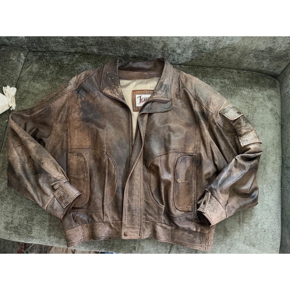 Vintage Diamond Leathers Brown Distressed Leather Bomber Jacket Mens Medium USA